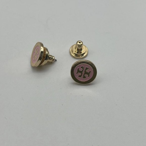 Tory Burch Pink Round Gold Logo Stud Earrings - Picture 3 of 5